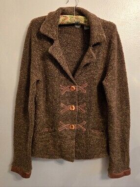 Anthropologie HWR Brown Boucle Button Up Cardigan Velvet Trim Medium